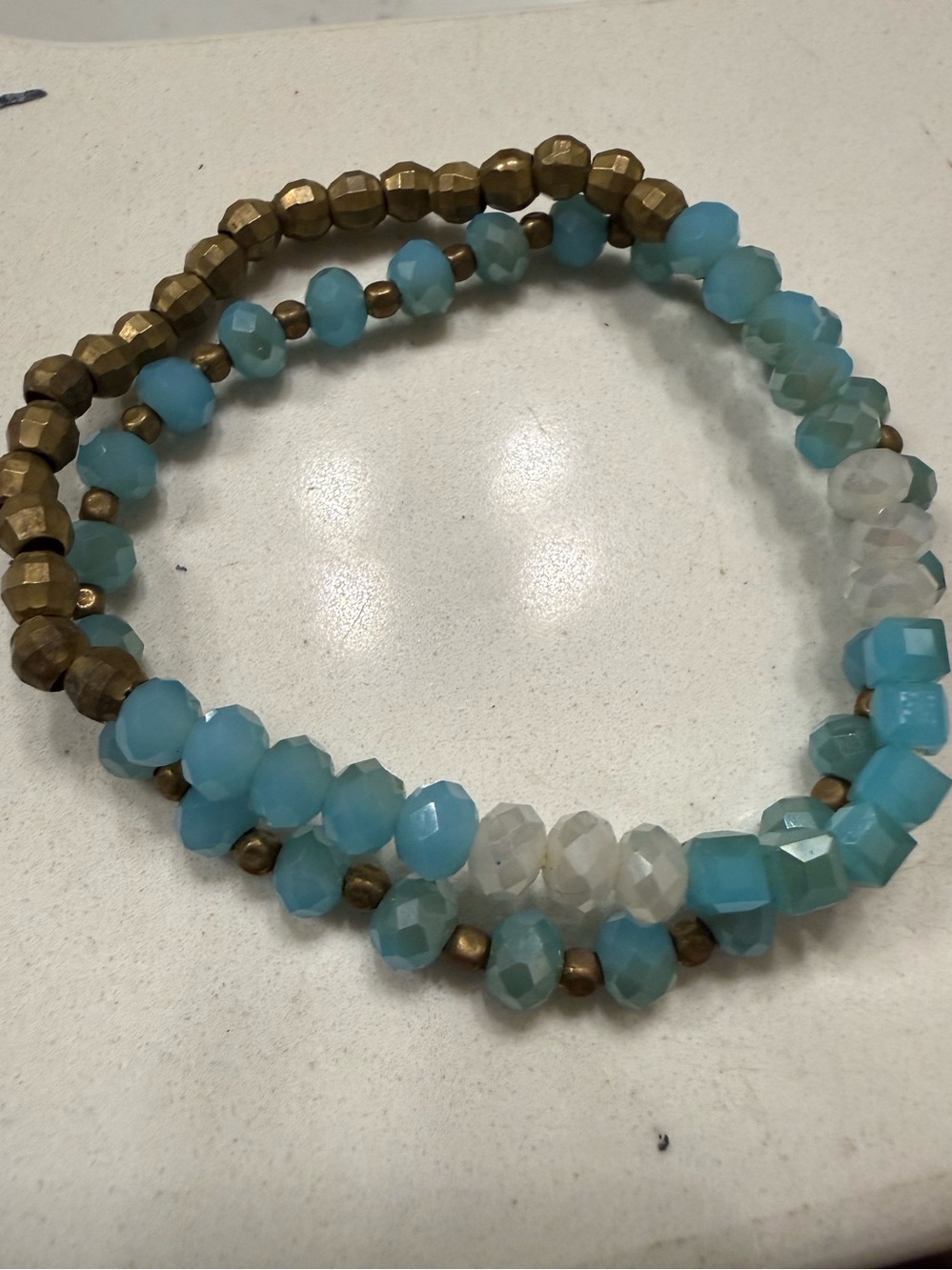 Beaded Stretch Bracelet Set - Aqua Blue and Gold